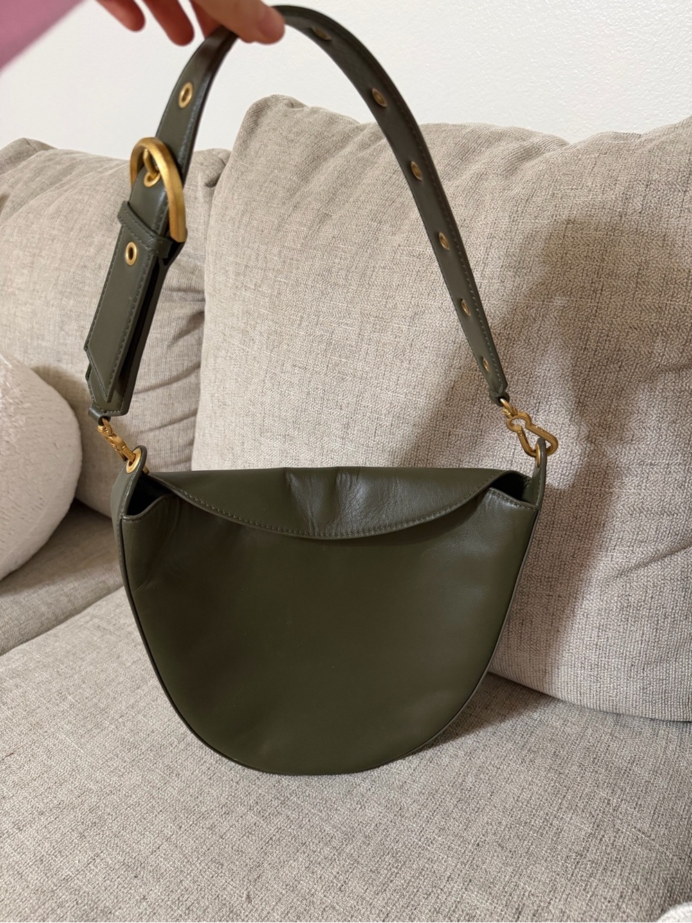 Vince Camuto Olive Green Crescent Leather Shoulder Bag with Gold Hardware